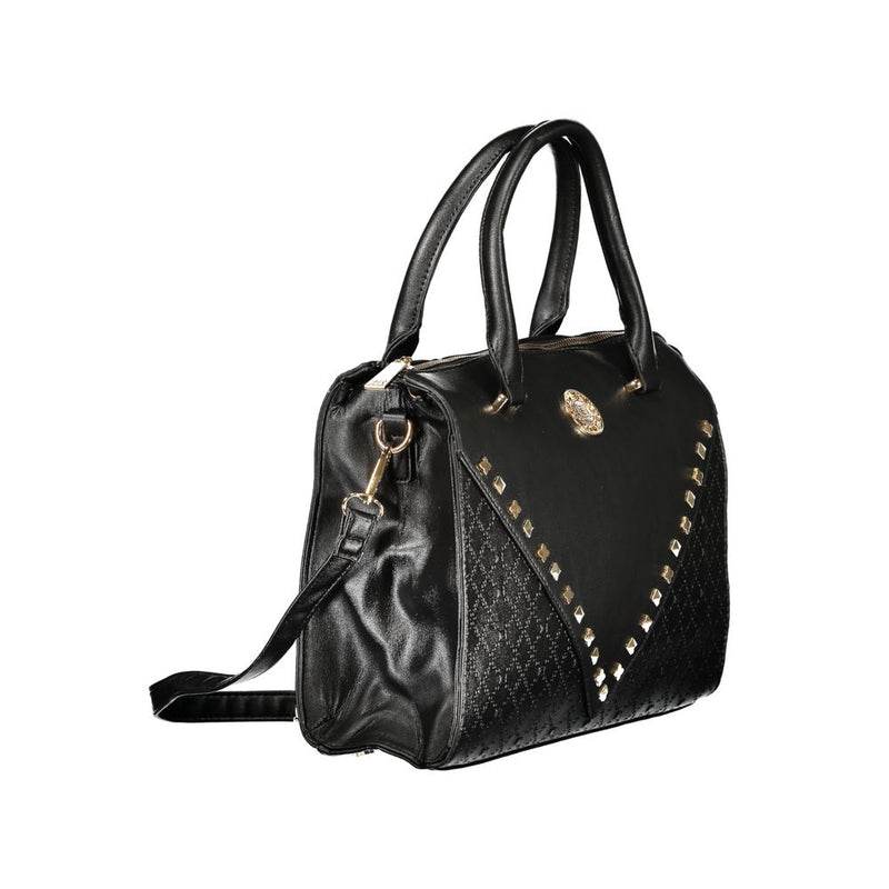 Black PVC women handbag with double top handles and gold stud details
