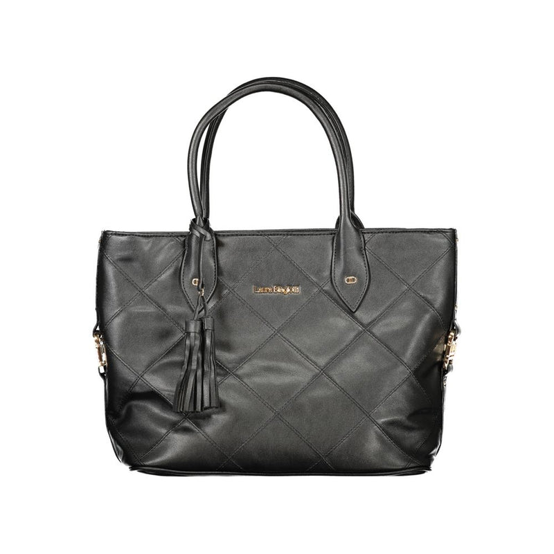 Black quilted PVC tote handbag with dual top handles and a tassel accent
