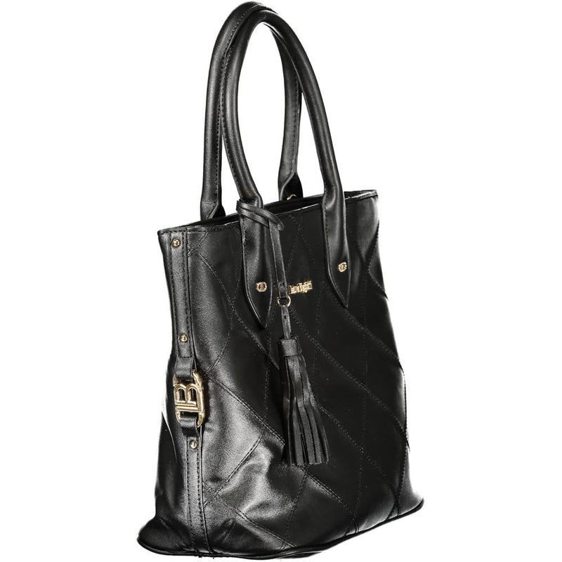 Black quilted PVC women's tote handbag with dual top handles and gold hardware