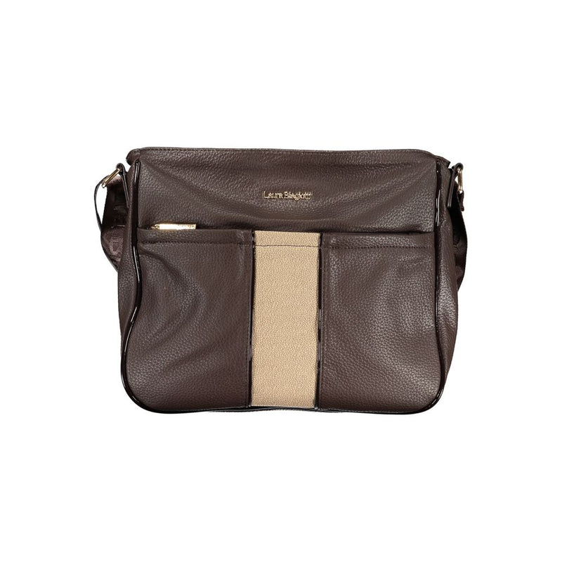Brown textured PVC crossbody handbag with a vertical beige stripe on the front