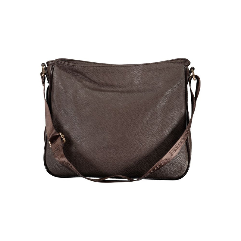 Brown textured PVC hobo handbag with a long branded shoulder strap