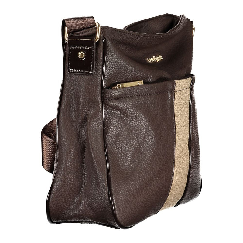 Brown PVC crossbody handbag with textured finish and a vertical beige stripe on the front pocket