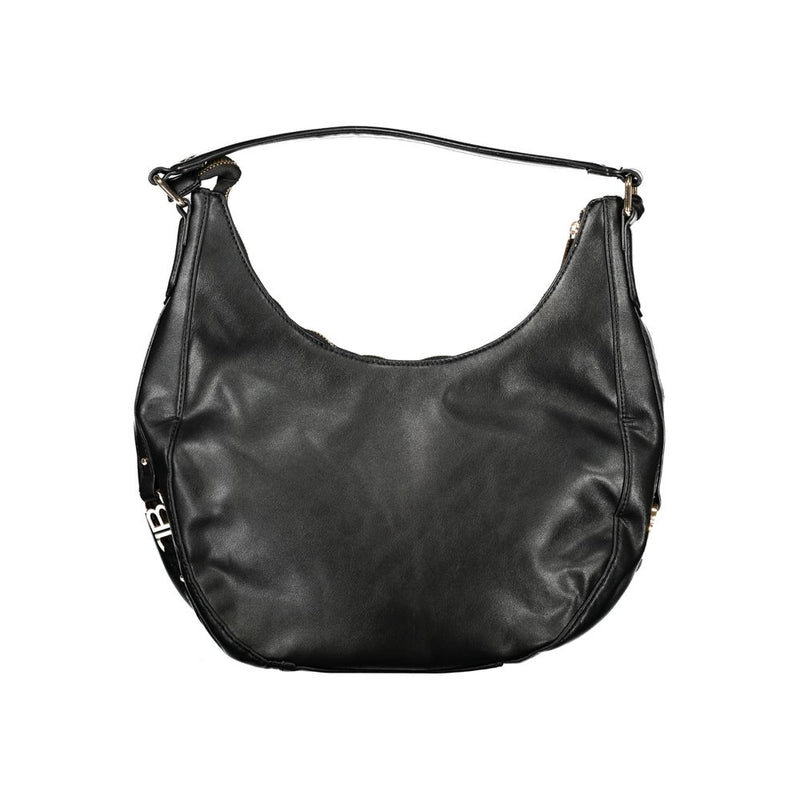 Black faux leather hobo handbag with a single strap and curved design