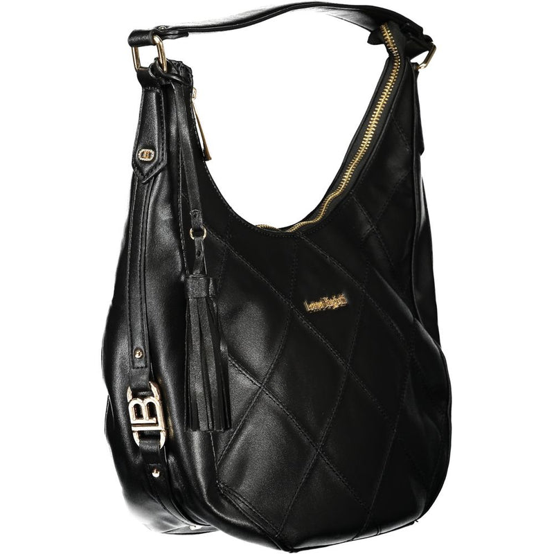 Black quilted PVC hobo handbag with a tassel and gold hardware