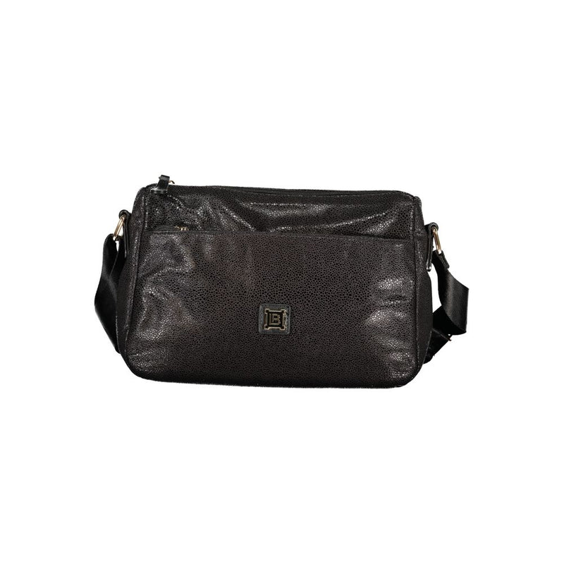 Black textured polyester Laura Biagiotti women's crossbody handbag with a front logo badge