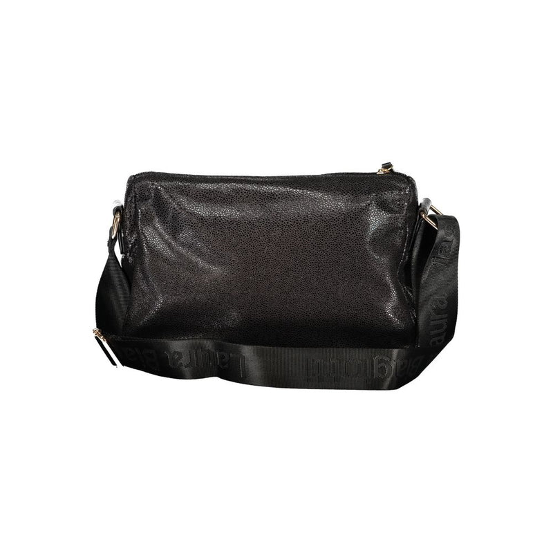 Black textured polyester Laura Biagiotti crossbody handbag with a branded strap