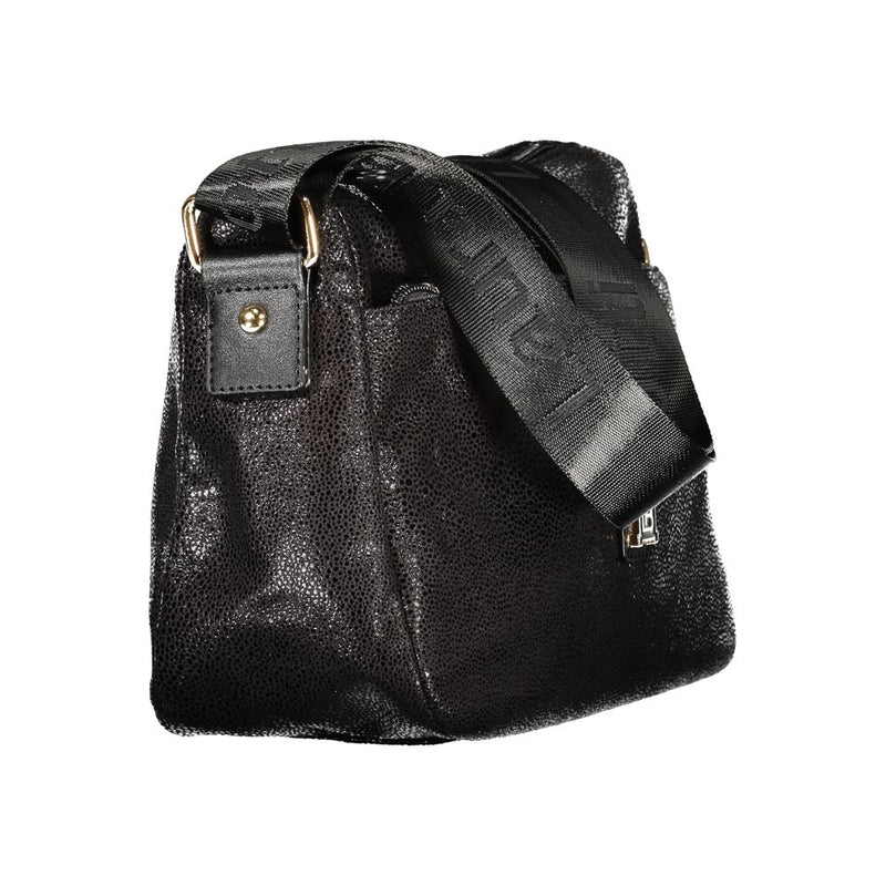 Textured black polyester women's crossbody handbag with thick branded strap