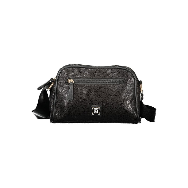 Black textured polyester Laura Biagiotti women's crossbody bag with a front zip pocket and metal logo