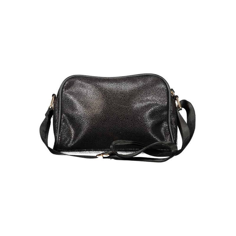Black textured polyester women's crossbody bag with adjustable strap