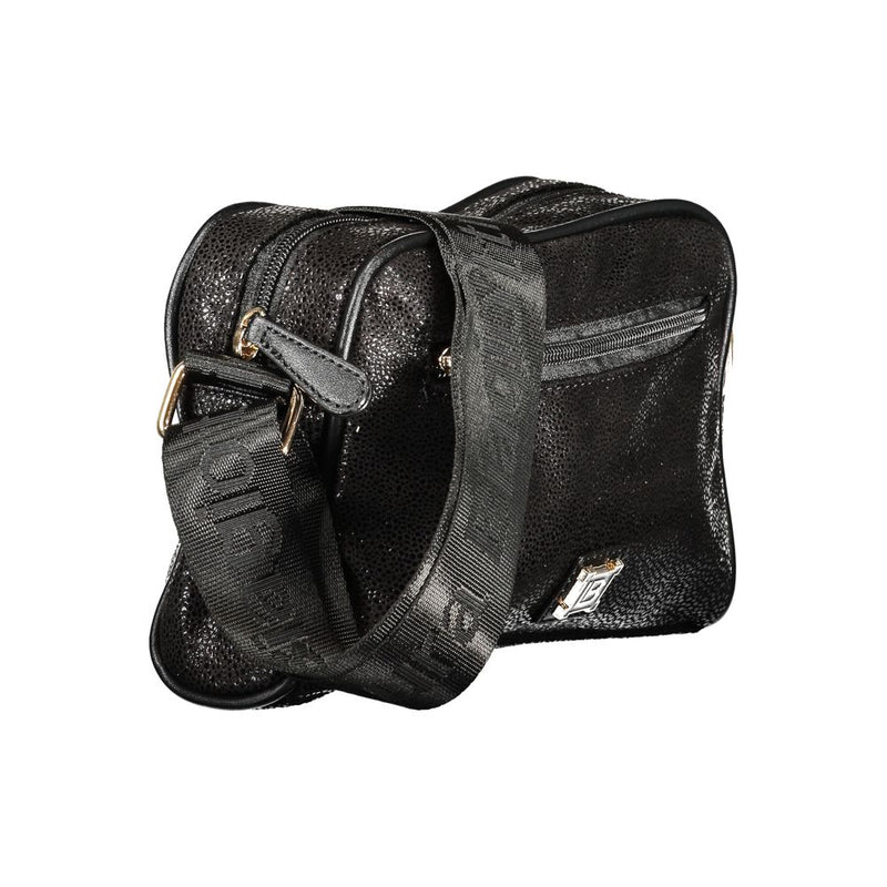Black textured polyester women's crossbody bag with branded wide strap and zippered compartments