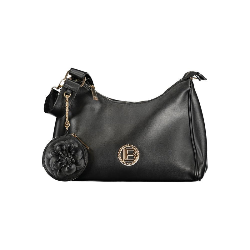 Black PVC hobo handbag with gold hardware, a circular logo emblem, and a matching floral coin purse charm