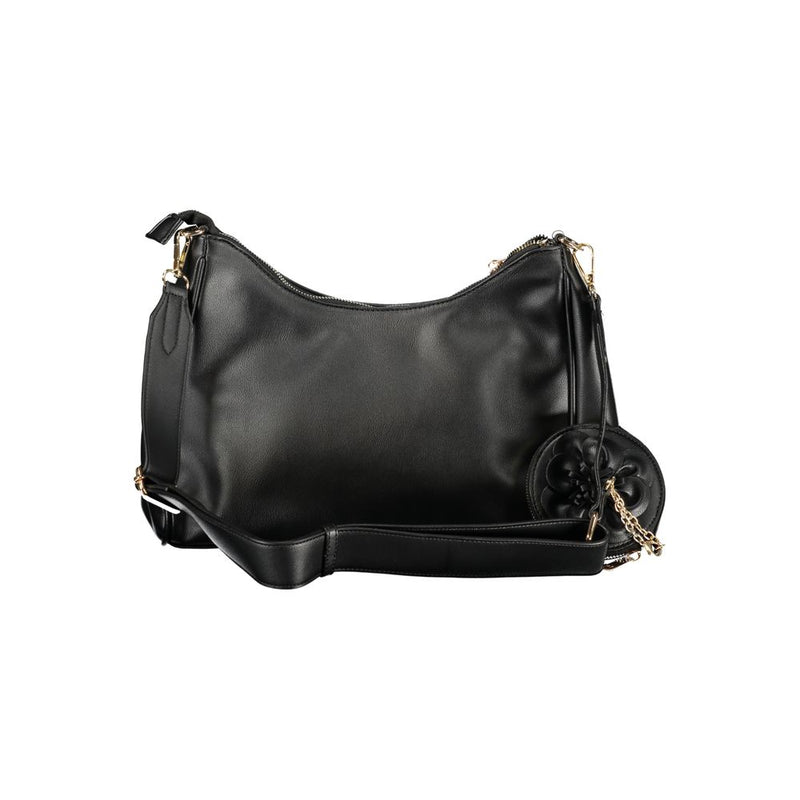 Black PVC hobo handbag with a wide shoulder strap and round coin purse keychain