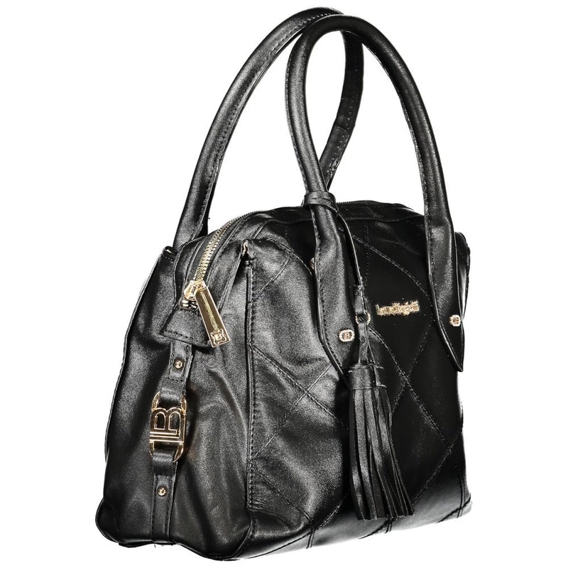 Black PVC women handbag with dual handles, gold hardware, and a tassel detail