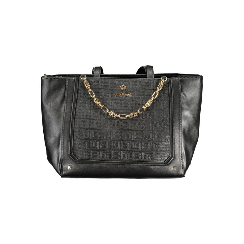 Black PVC tote handbag with embossed logo pattern and gold chain detail