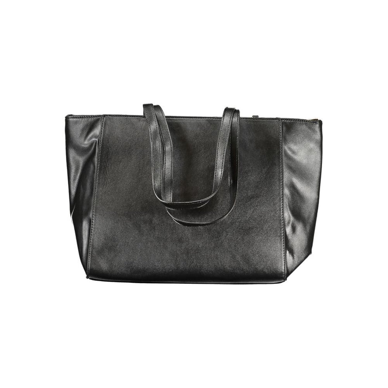 Black faux leather tote bag with dual shoulder straps