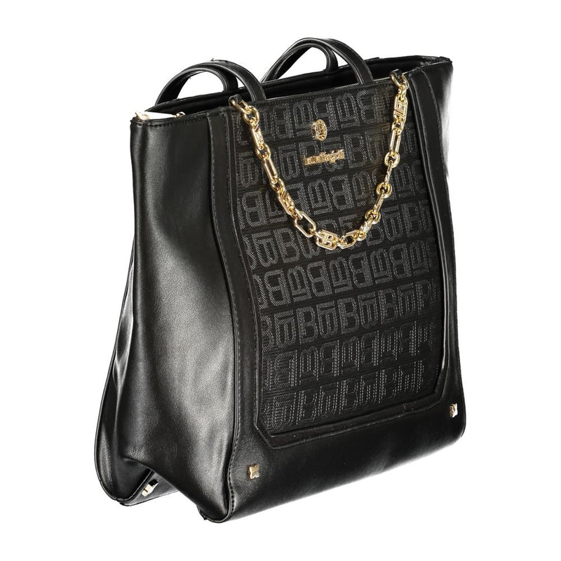Black PVC tote handbag with monogram pattern and gold chain detail