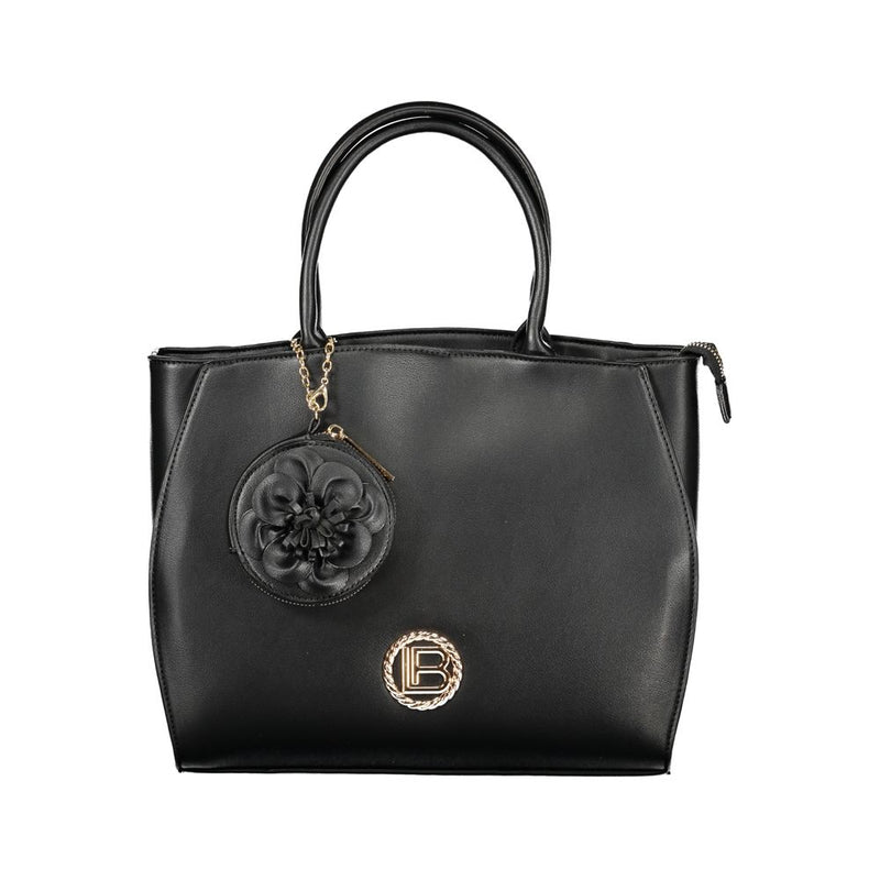 Black PVC women handbag with dual top handles, a round flower charm, and gold hardware