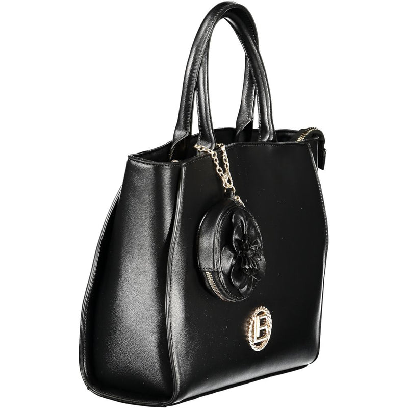 Black PVC women's handbag with dual top handles, gold hardware, and a matching coin purse keychain