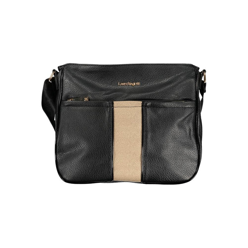 Black PVC women's crossbody bag with a textured finish and a vertical beige center stripe