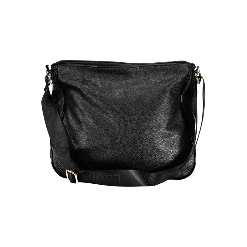 Black textured PVC women's hobo bag with a wide branded shoulder strap