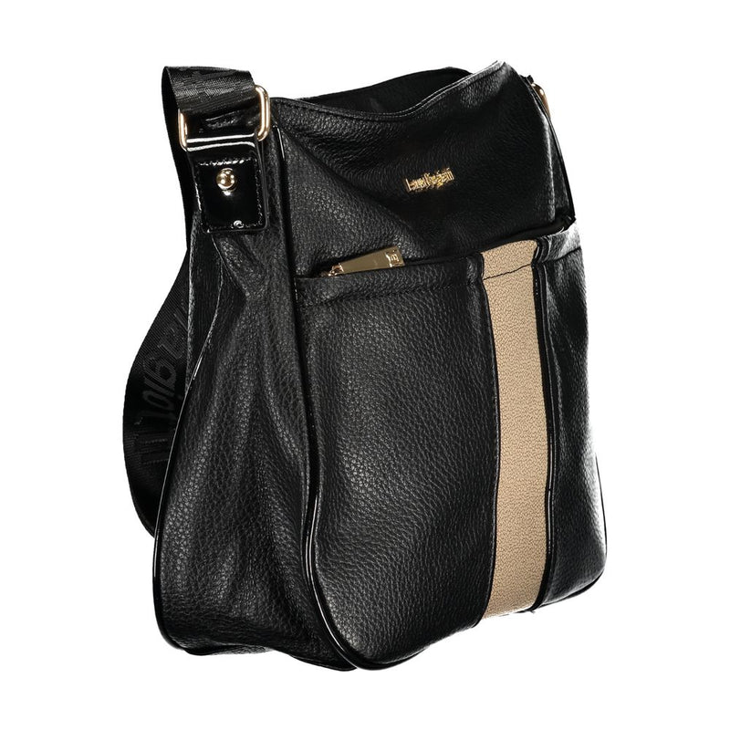 Black textured PVC women's crossbody bag with a beige vertical front stripe