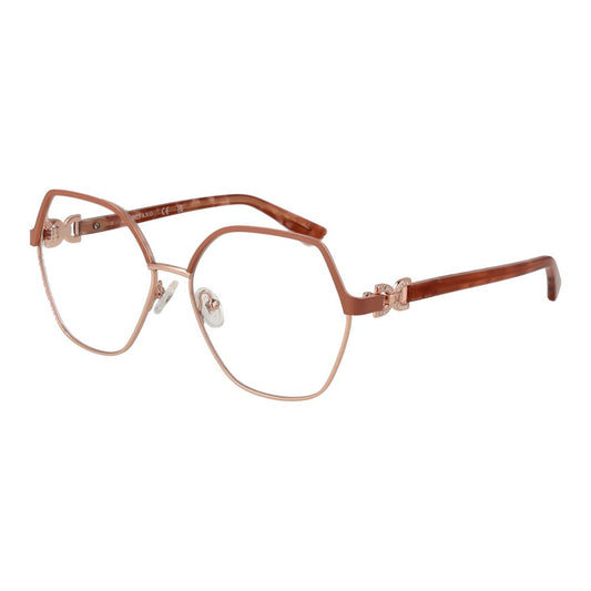 Rose gold metal and brown tortoiseshell eyeglass frames with geometric hexagonal lenses