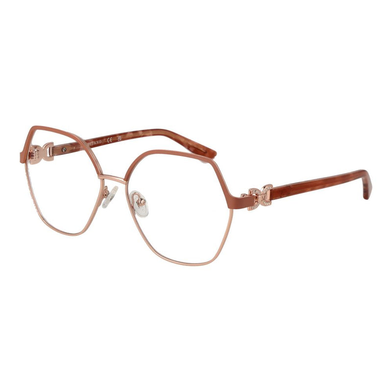 Rose gold metal and brown tortoiseshell eyeglass frames with geometric hexagonal lenses