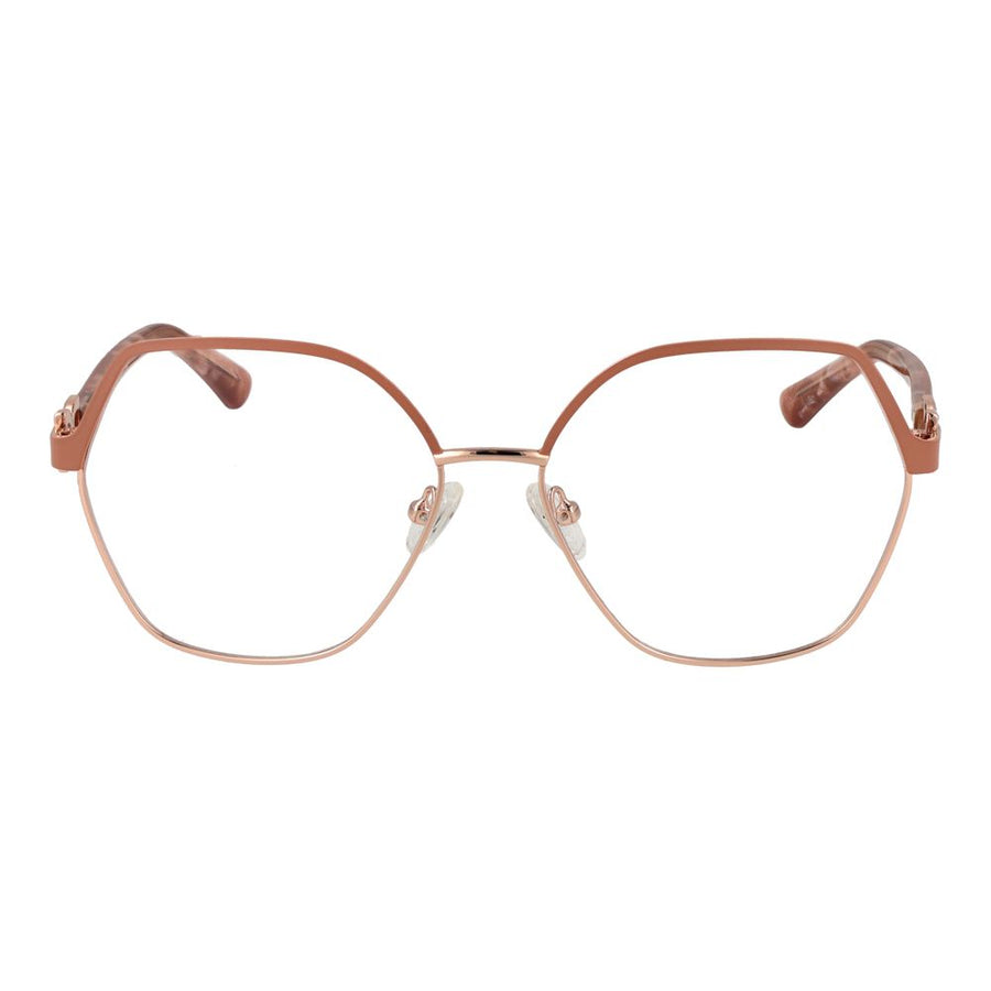 Rose gold metal and brown tortoiseshell eyeglass frames with geometric hexagonal lenses