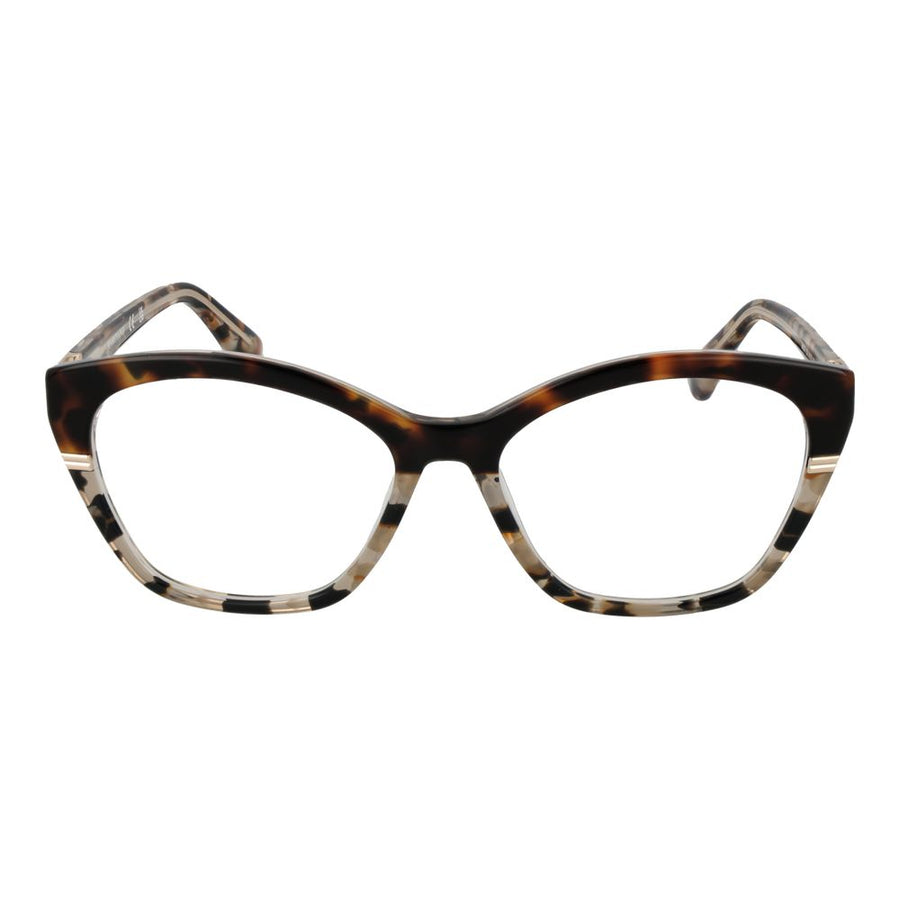 Brown acetate cat-eye eyeglass frames with tortoiseshell pattern and gradient clear lower rims