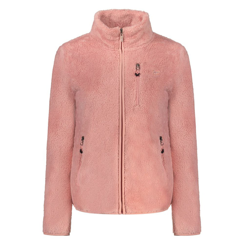 Pink fuzzy polyester fleece sweatshirt with a high collar and zipper