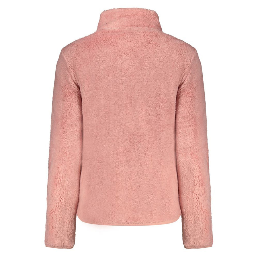 Pink fuzzy polyester fleece sweatshirt with a high collar and zipper