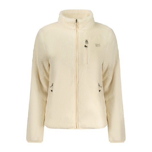 Cream white fuzzy fleece zip-up jacket with a high collar and zipper pockets