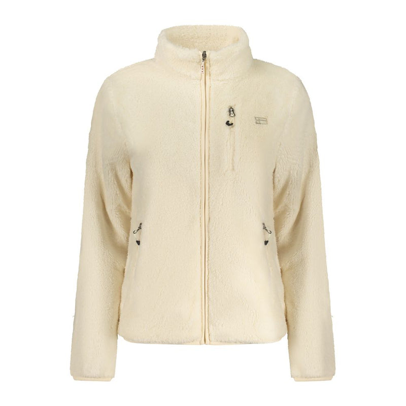 Cream white fuzzy fleece zip-up jacket with a high collar and zipper pockets