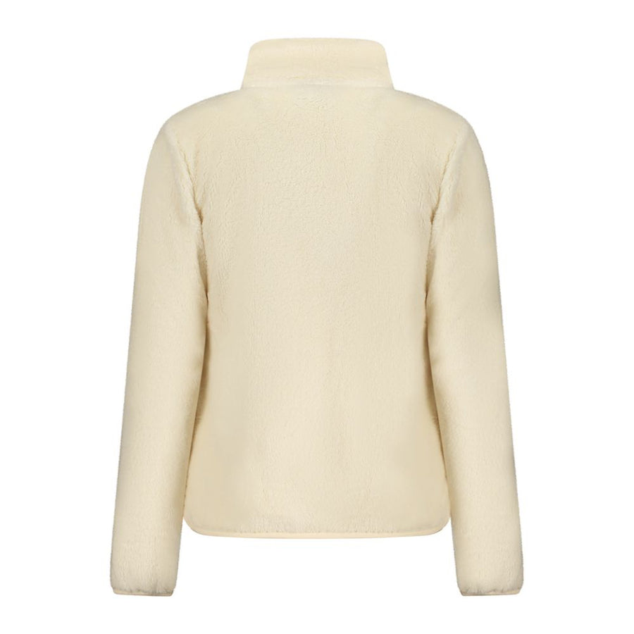 Cream white fuzzy fleece zip-up jacket with a high collar and zipper pockets