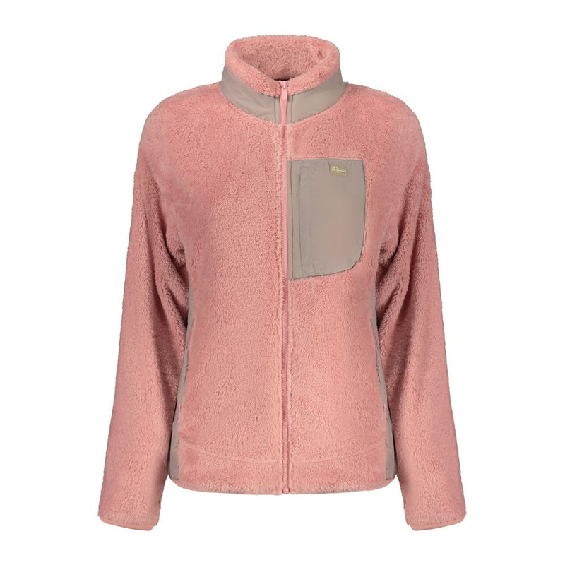 Pink fleece fuzzy zip-up women's sweatshirt with high collar and chest pocket