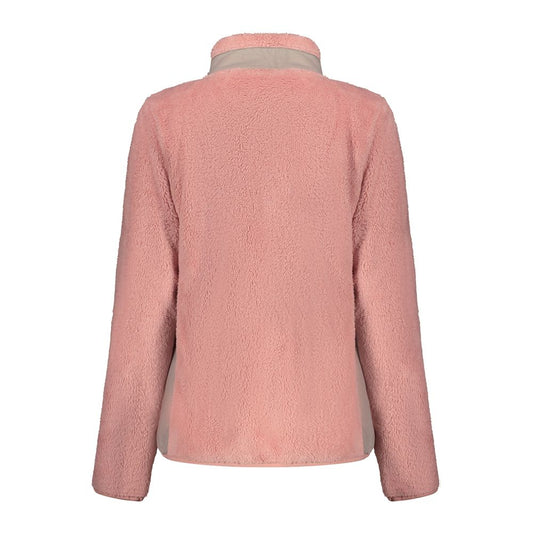 Pink fuzzy polyester women's fleece sweatshirt with high collar shown from the back