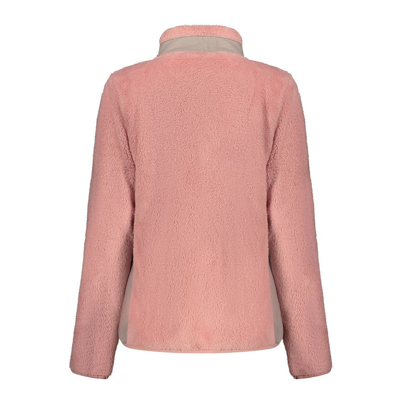 Pink fuzzy polyester women's fleece sweatshirt with high collar shown from the back