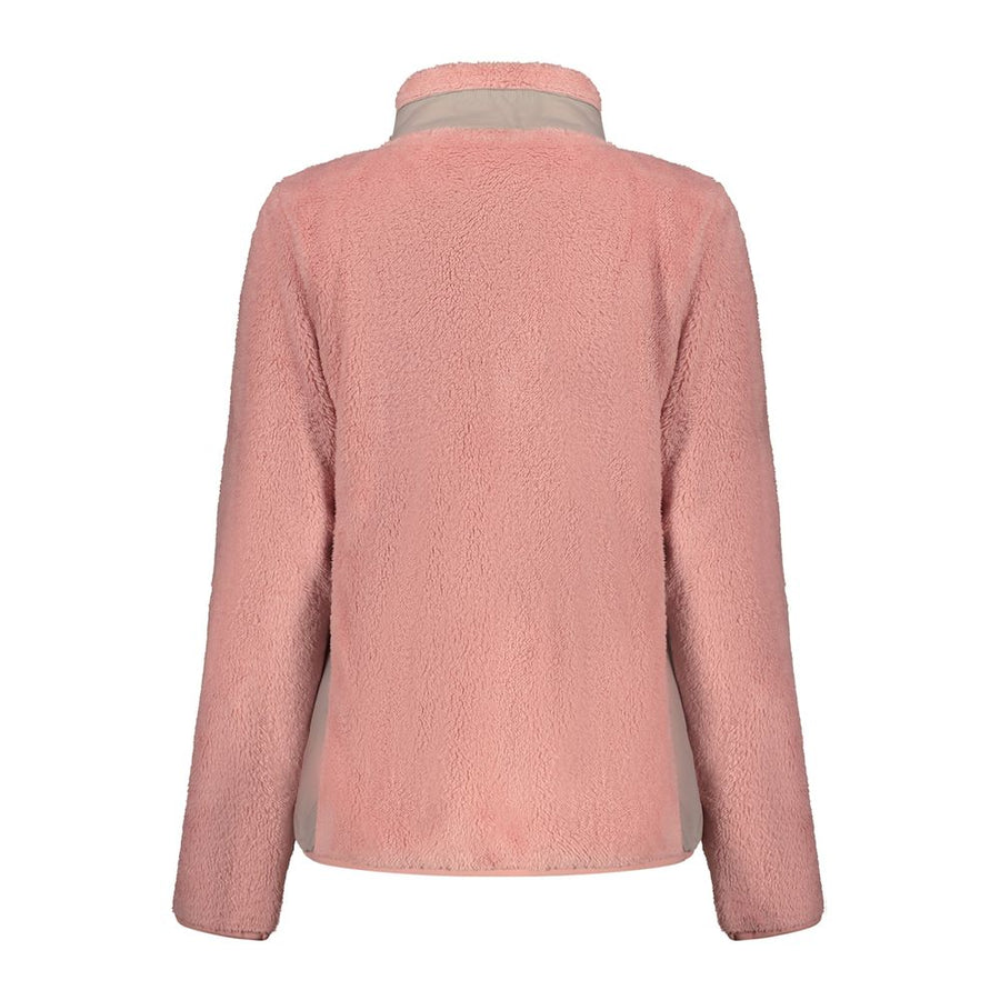 Pink fleece fuzzy zip-up women's sweatshirt with high collar and chest pocket