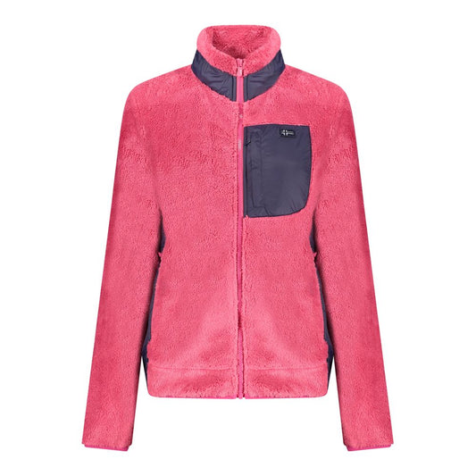 Pink fuzzy fleece full-zip jacket with dark grey collar and chest pocket