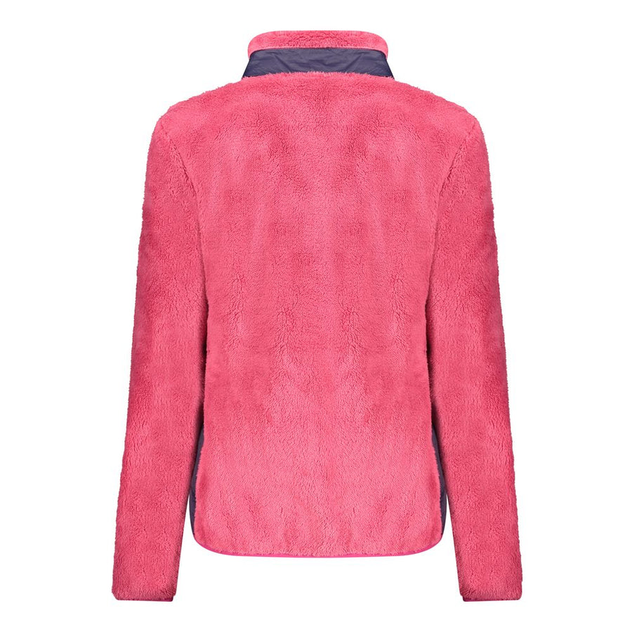 Pink fuzzy fleece full-zip jacket with dark grey collar and chest pocket