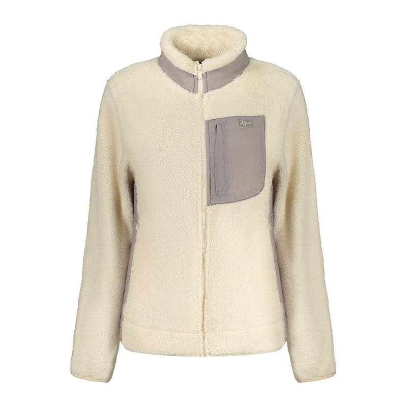 Off-white fleece zip-up sweatshirt with grey trim and a chest pocket