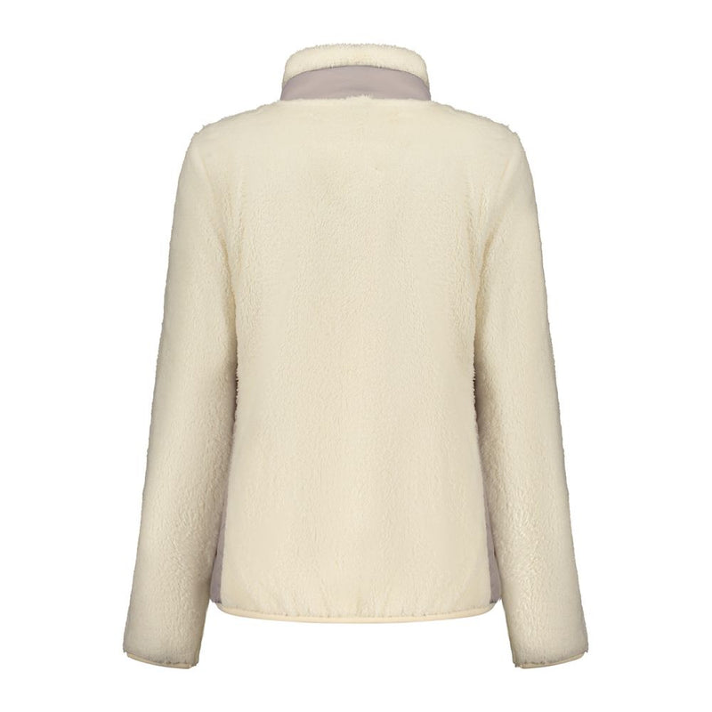 White fuzzy polyester women's fleece sweatshirt with high collar shown from the back