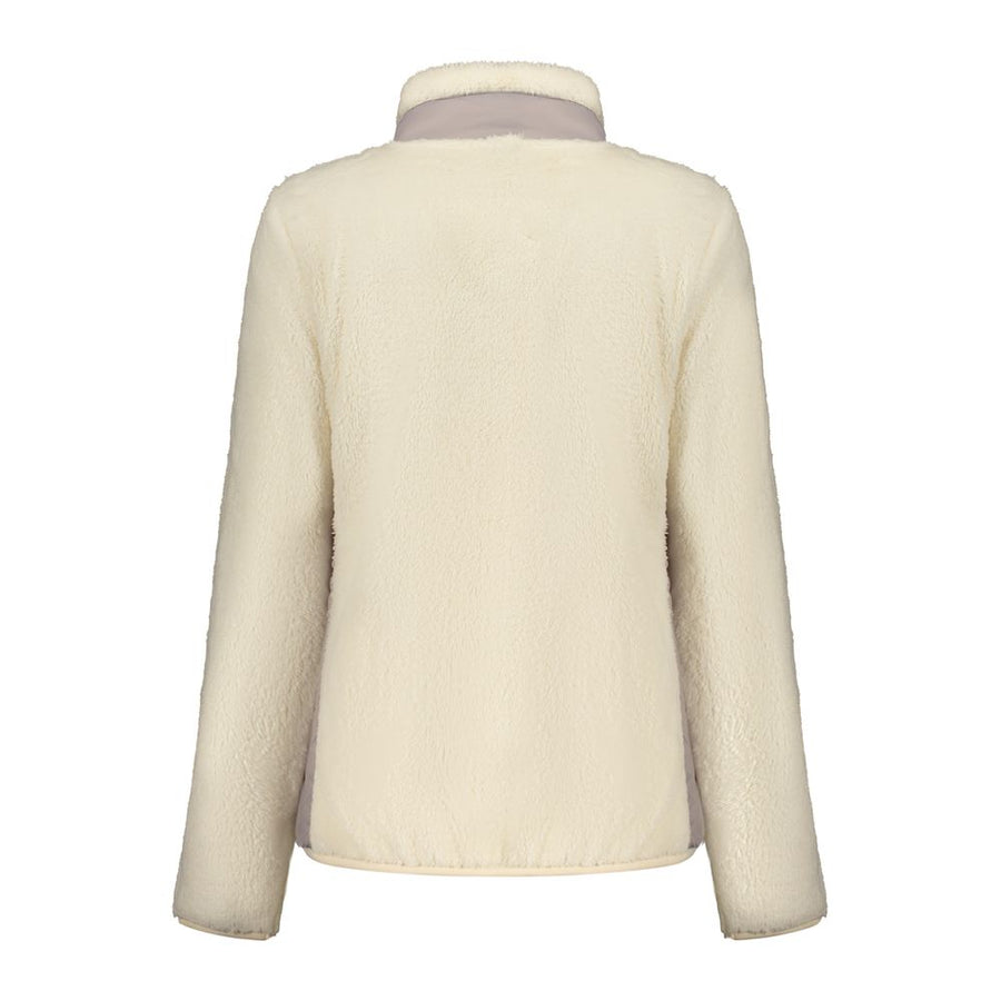 Off-white fleece zip-up sweatshirt with grey trim and a chest pocket