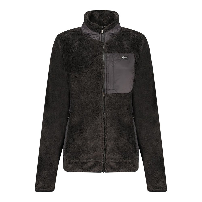 Black fuzzy fleece women's zip-up sweatshirt with a high neck and chest pocket