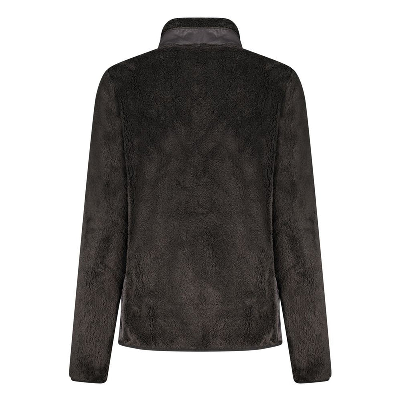 Black polyester women's fleece sweatshirt with a high collar, shown from the back