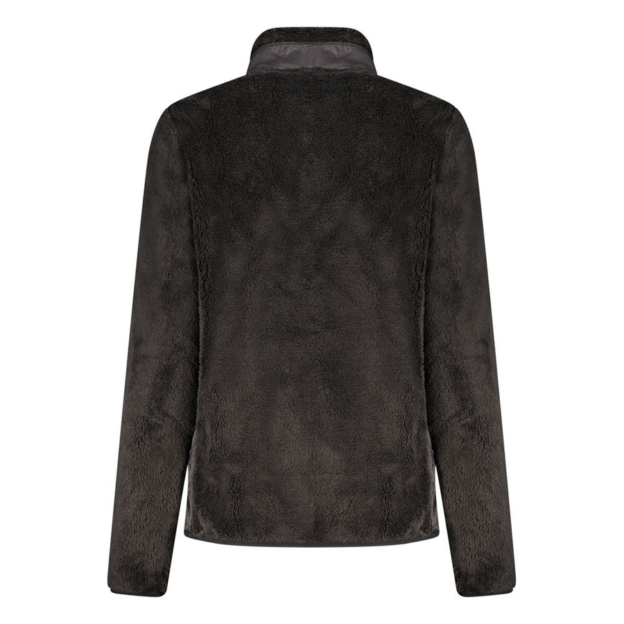 Black fuzzy fleece women's zip-up sweatshirt with a high neck and chest pocket