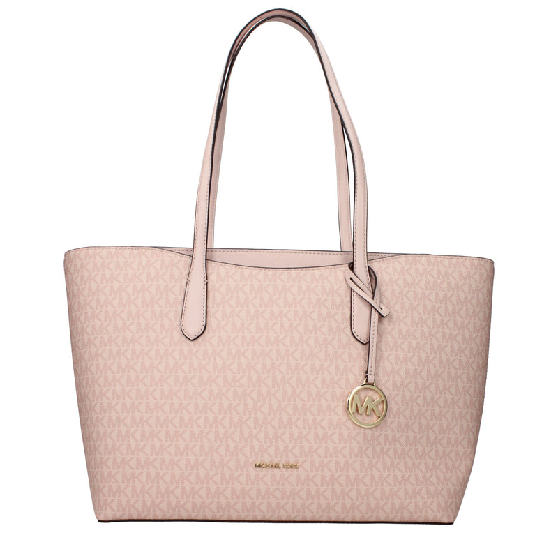 Pink fabric shoulder bag with an all-over MK monogram pattern, dual shoulder straps, and a hanging gold logo charm