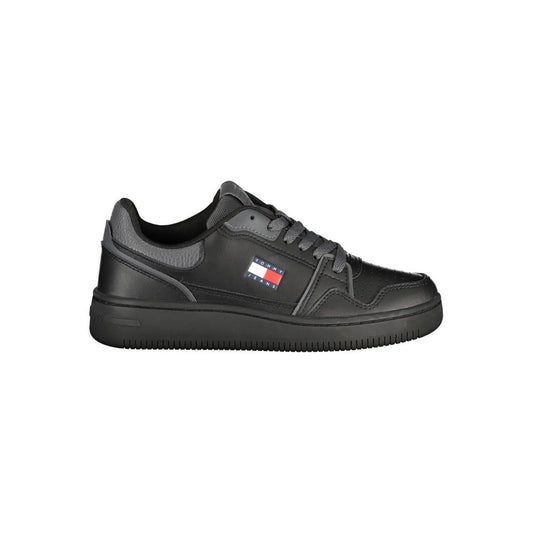 Tommy Hilfiger black polyurethane women's lace-up sneaker with logo patch and textured heel detail.