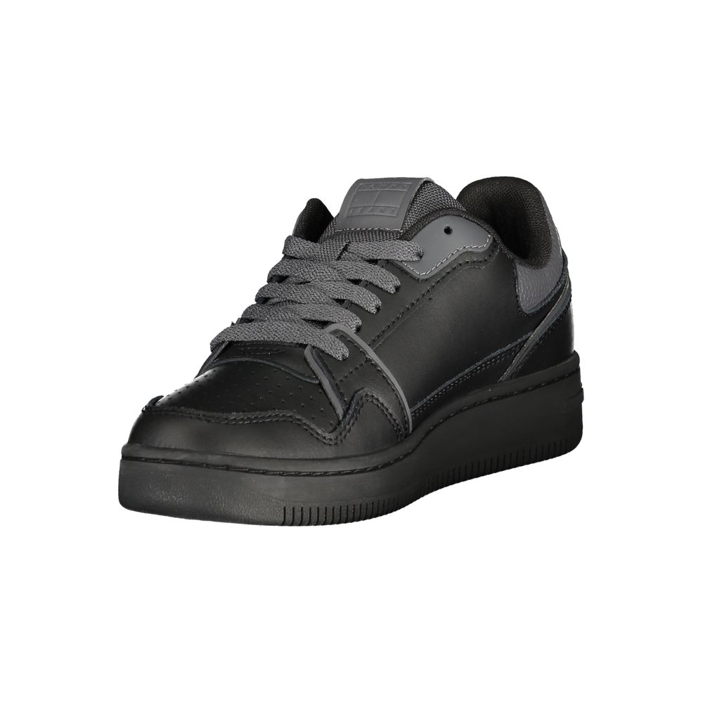 Tommy Hilfiger black polyurethane sneaker with gray laces and casual sporty style.