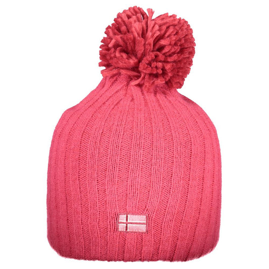 Pink ribbed acrylic knit beanie with a large pom-pom and small Norwegian flag patch